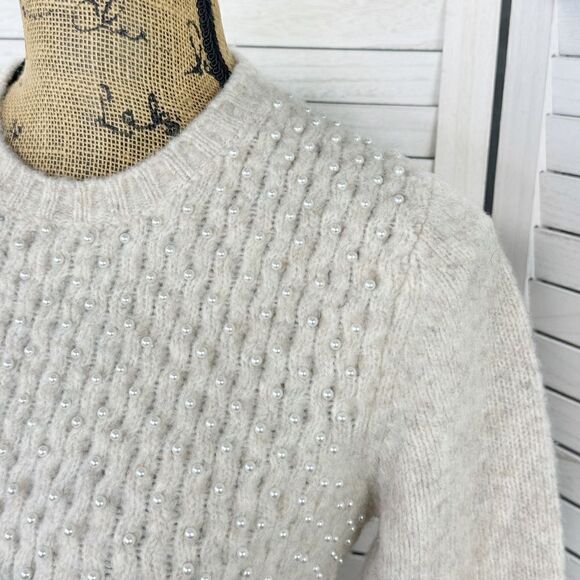 Zara Pearl Embellished Wool Blend Pullover Crop Sweater Beige Large - Picture 6 of 14